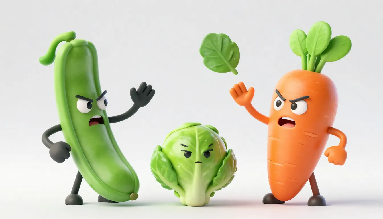 A group of expressive vegetable characters: a long green bea...