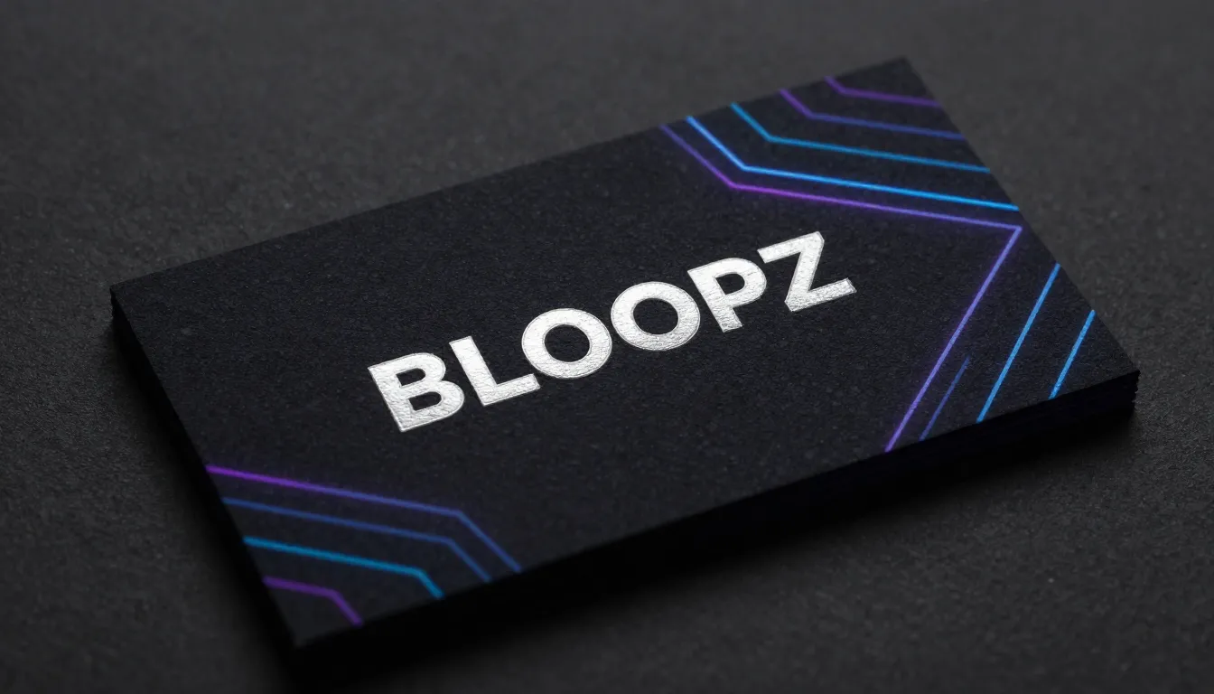 Modern business card for 'BLOOPZ' band, dark background with...