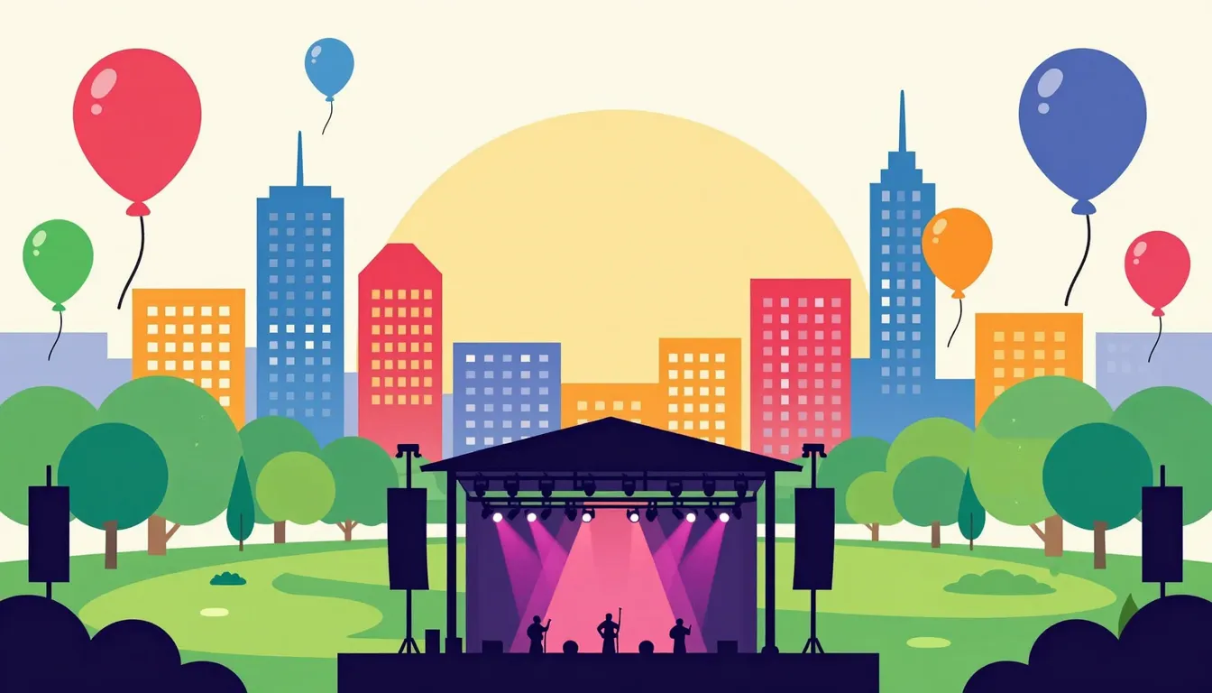 A colorful city festival background with balloons, a park vi...