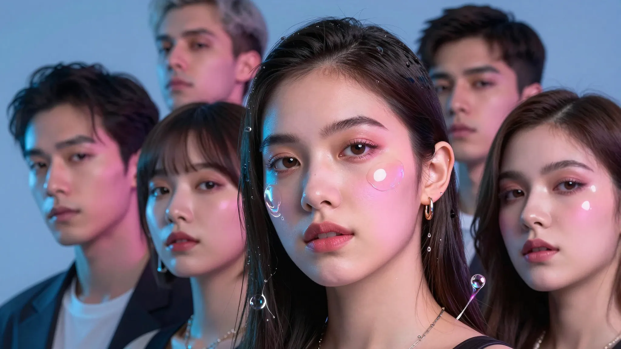 Close-up portrait of a diverse music group, faces illuminate...