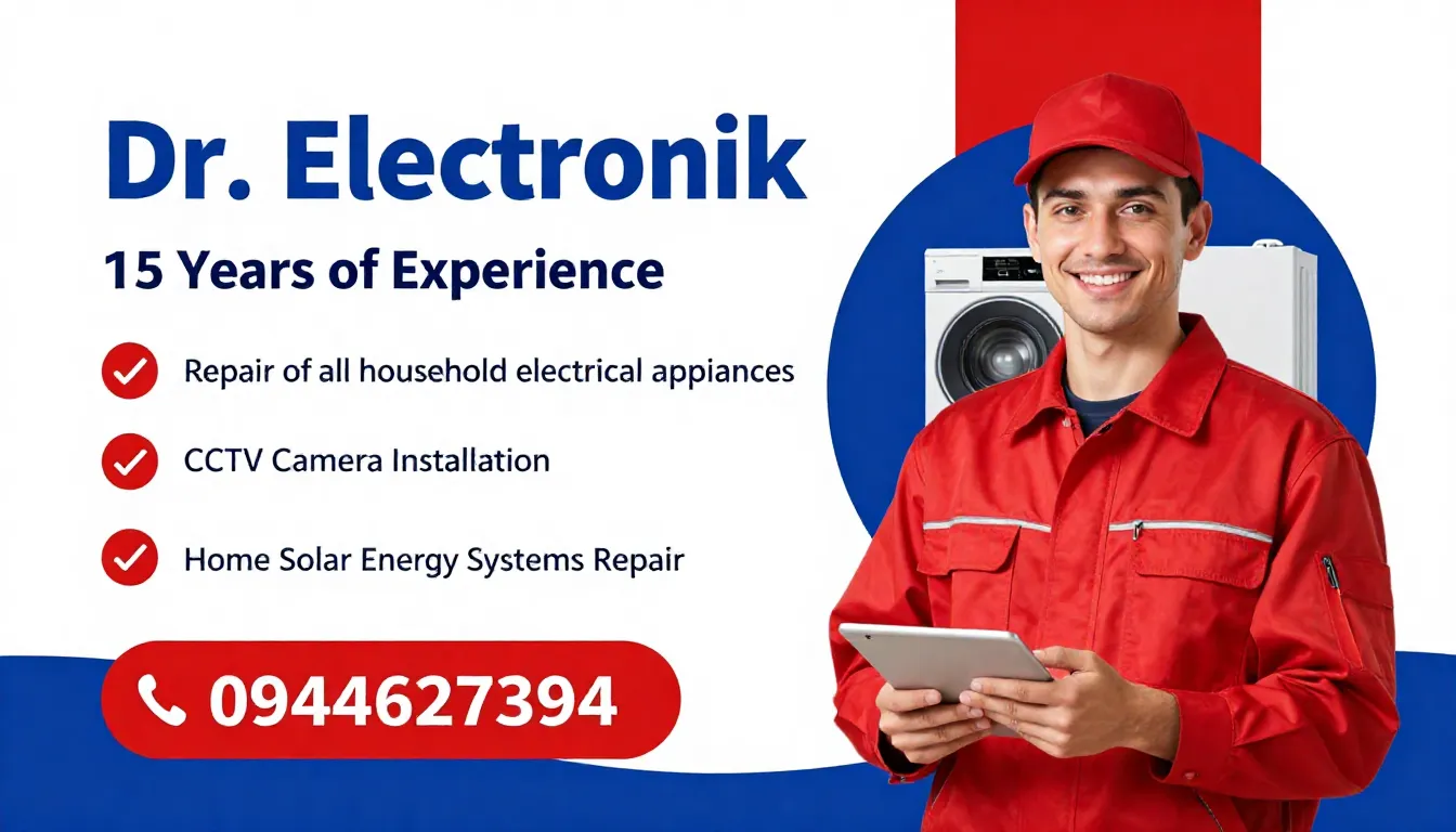 Horizontal professional flyer for 'Dr. Electronik'. A techni...