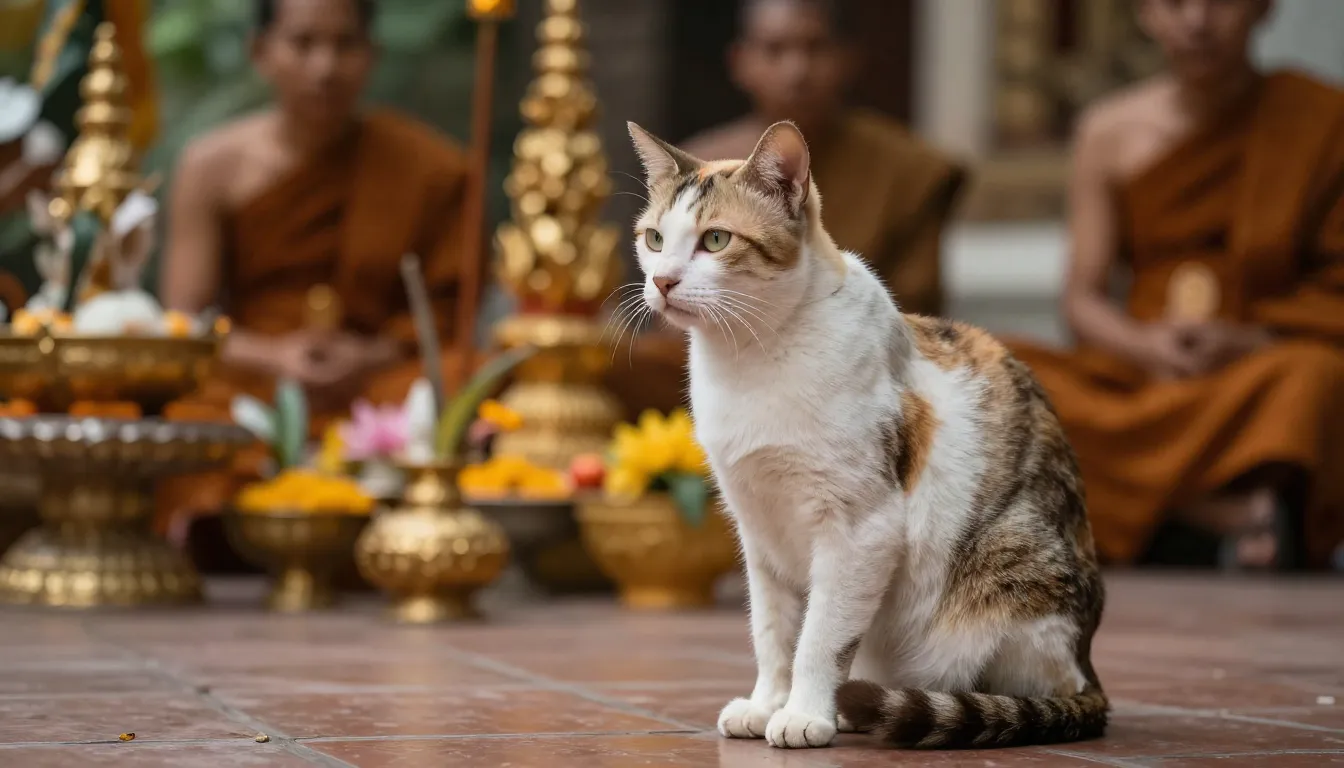 A serene Thai cat, perhaps a temple cat, sitting calmly and ...