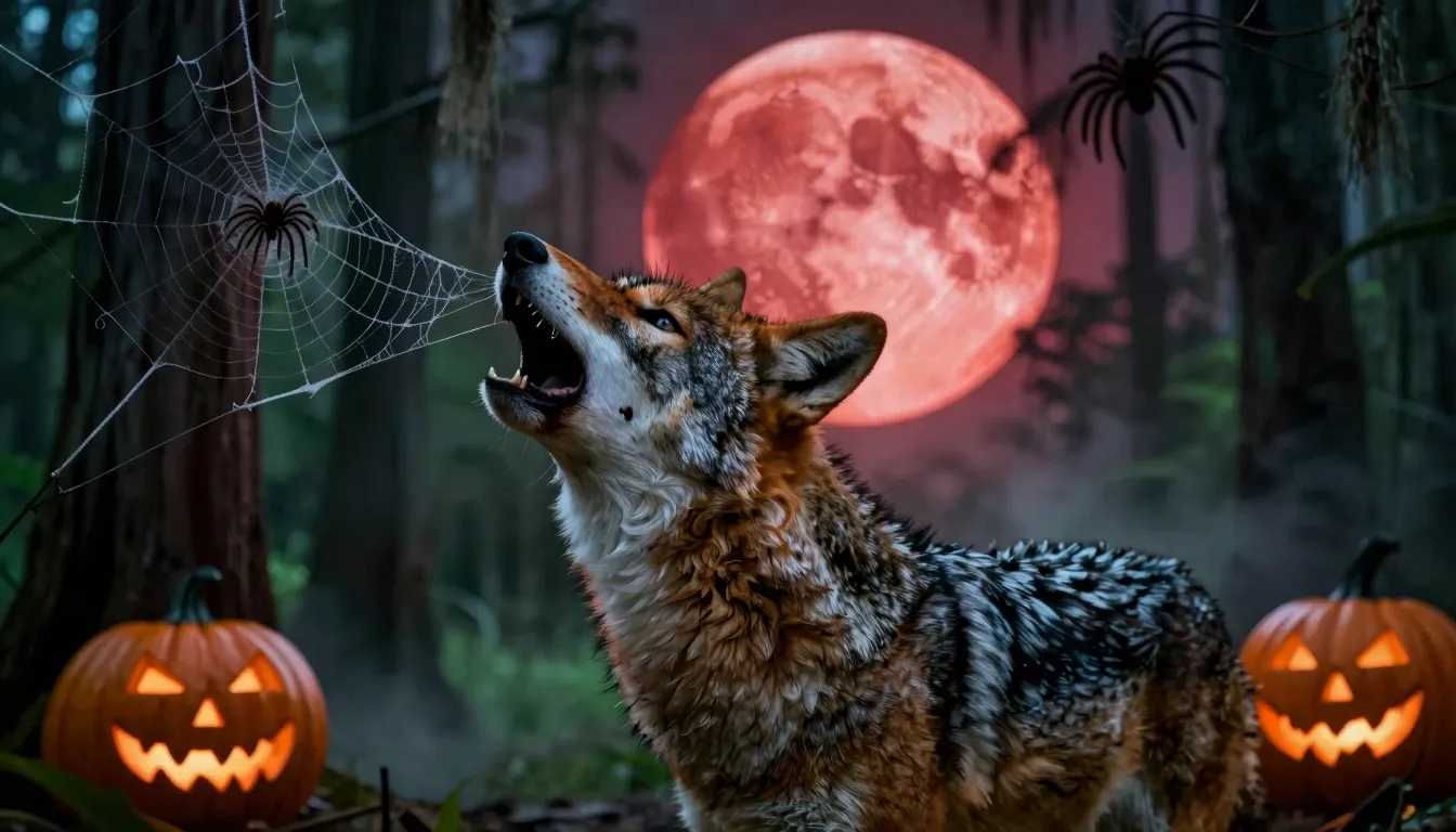 Close-up cinematic shot, a majestic coyote howling, silhouet...