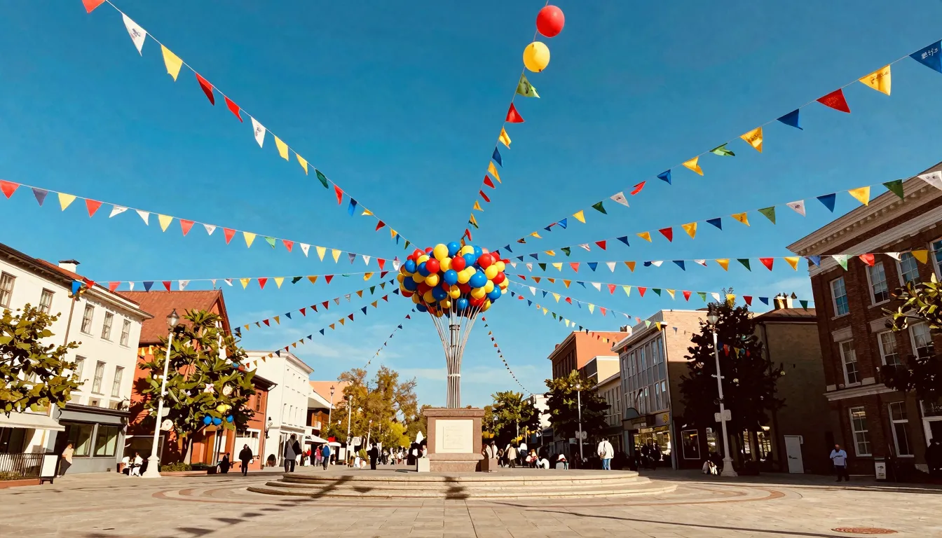A festive city square decorated with colorful flags and ball...