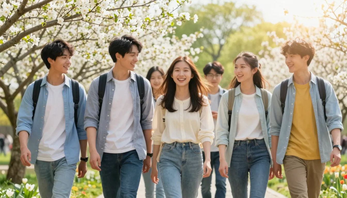 A group of happy teenagers walking through a blooming garden...