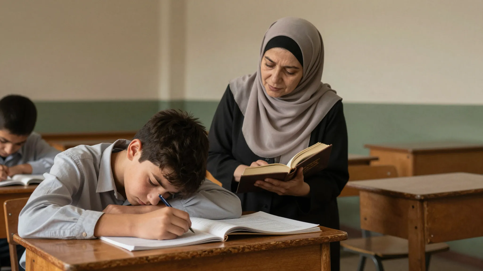 Interior of a rustic school classroom. A tired teenager has ...