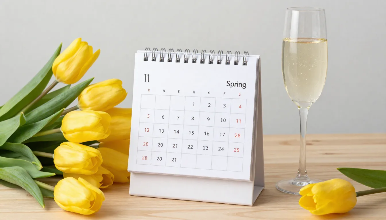 A stylish spring calendar on a wooden table next to a bouque...