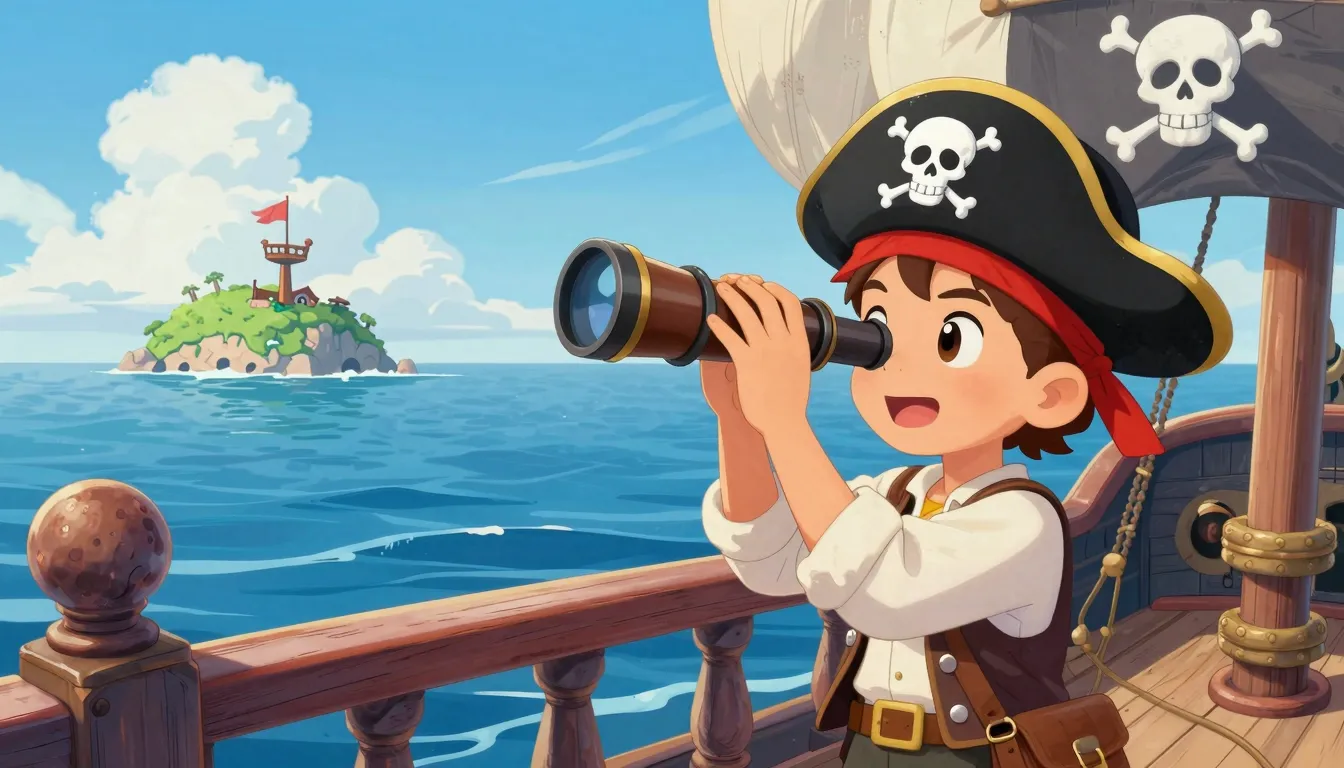 A young boy with a pirate hat and a telescope, standing on t...