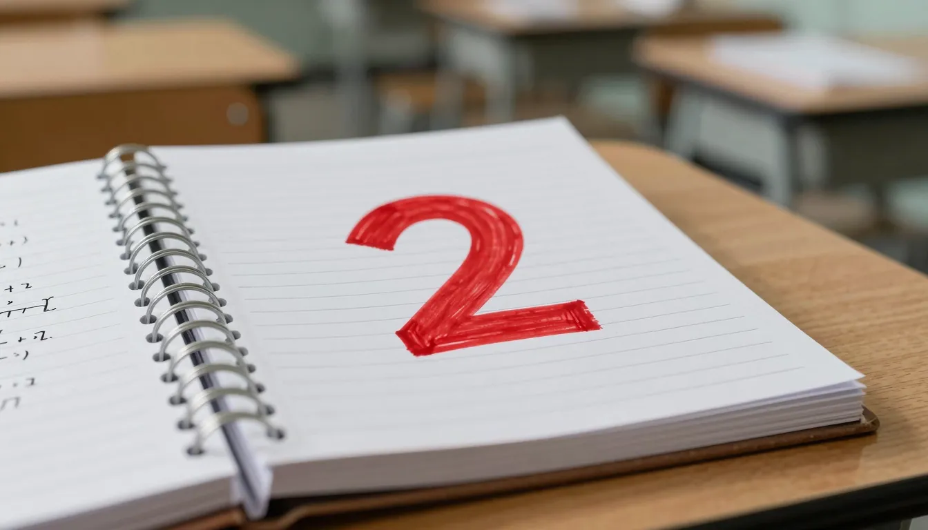 A close-up of a school notebook on a wooden desk, a large re...