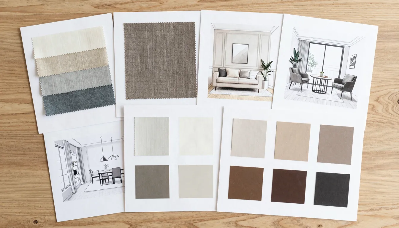 Professional interior designer moodboard, fabric samples, co...