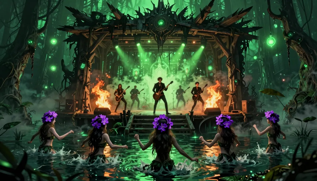 Digital art, dark fantasy. A brutalist wooden stage in the m...