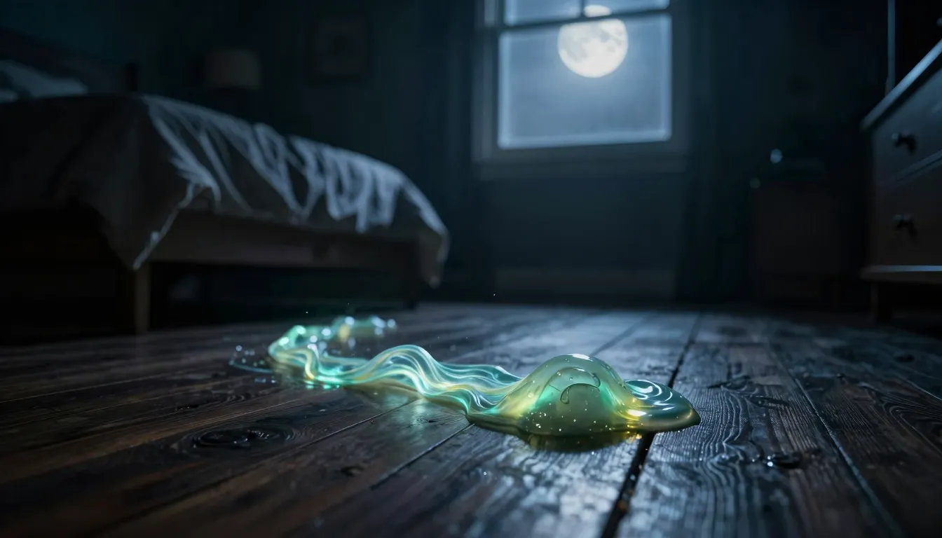 Cinematic close-up of a mysterious glowing trail of slime on...