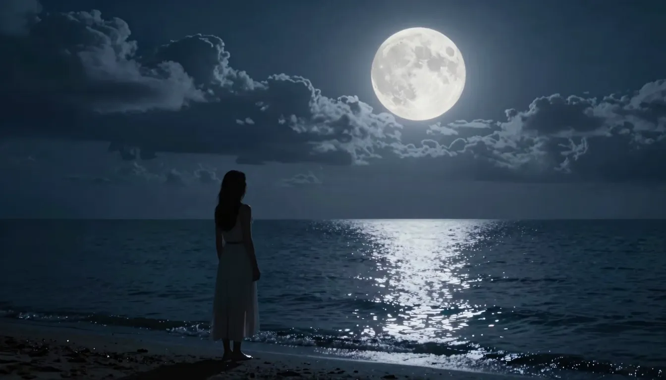 Cinematic wide shot of a woman standing on the shore of a ca...