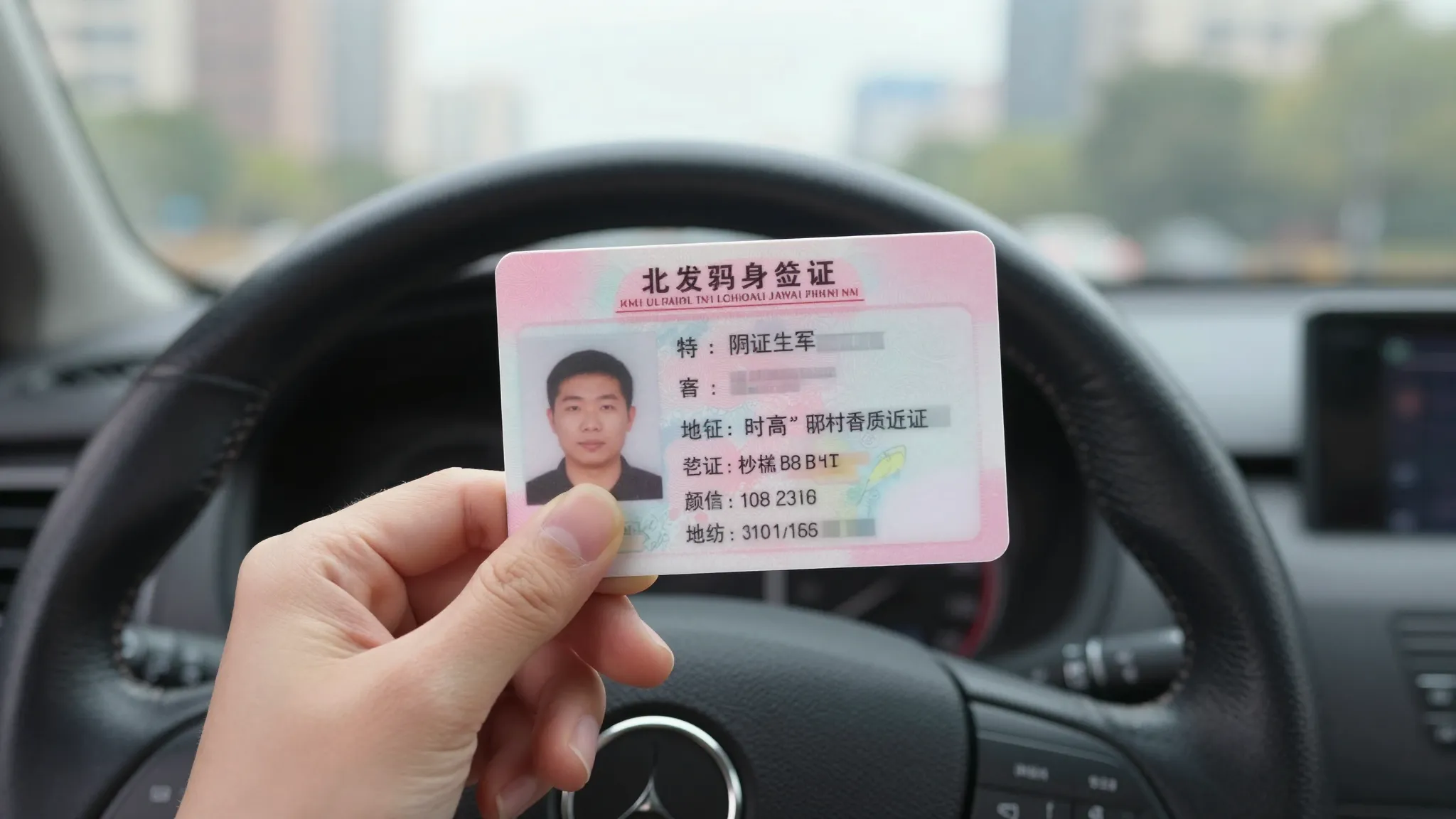 A close-up of a hand holding a pink driver's license in fron...