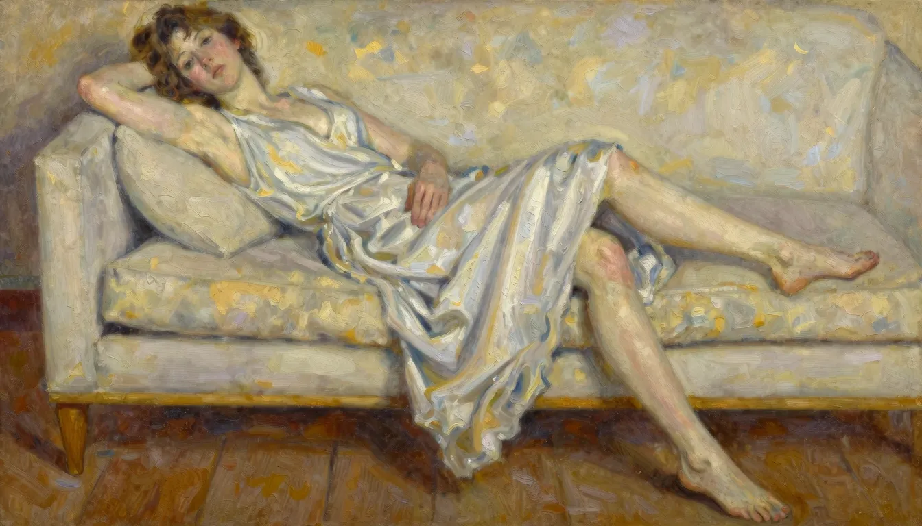 Artistic oil painting of a woman on a light sofa with a wood...