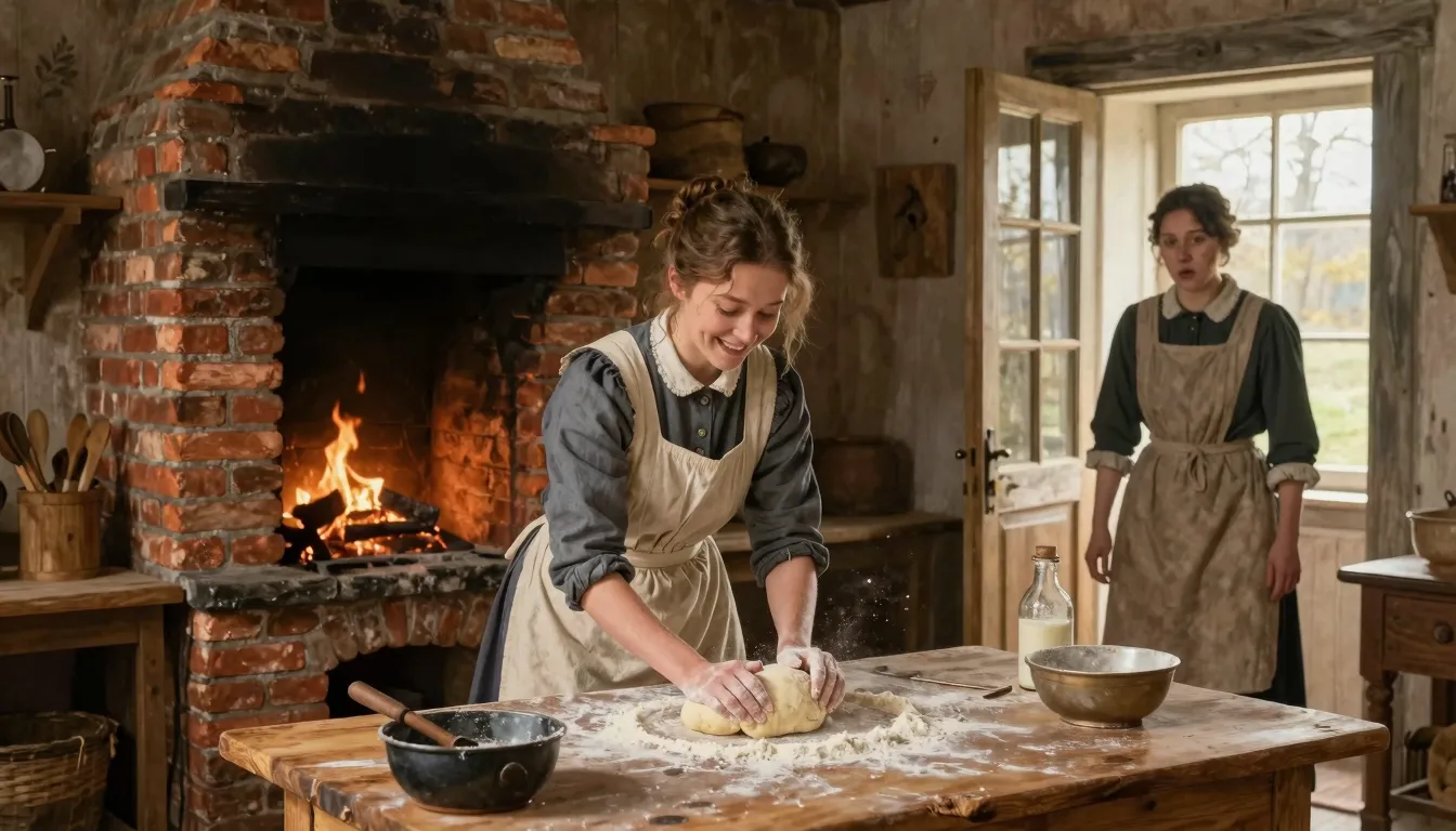 A cozy 19th-century Russian kitchen with a large brick stove...