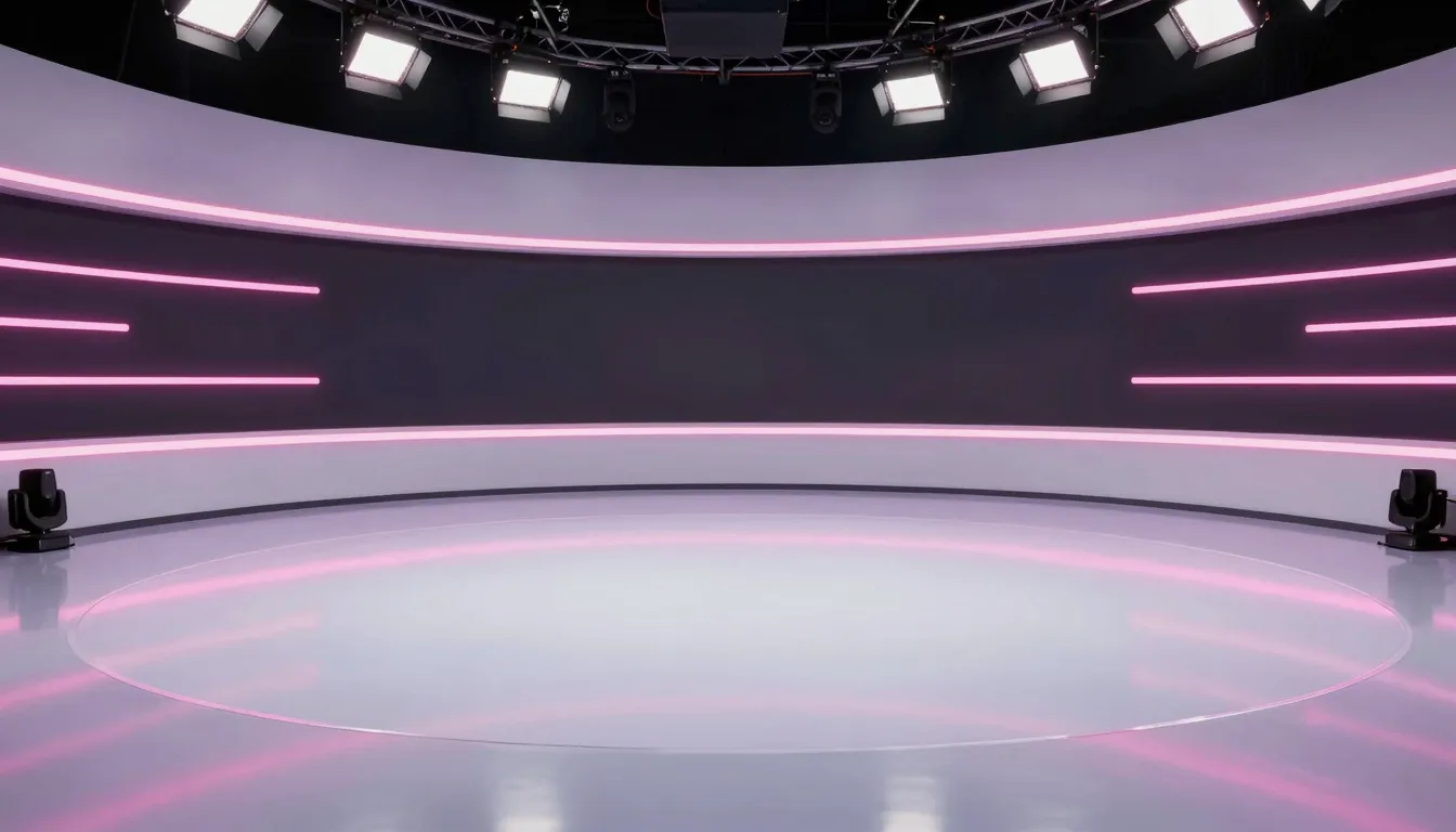 Futuristic television studio stage background, sleek design,...