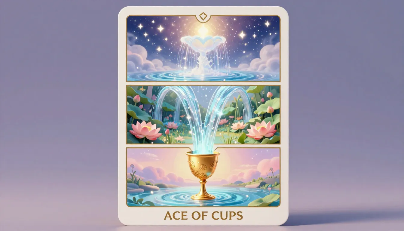 A vertical 3D fantasy Tarot card 'ACE OF CUPS' with rounded ...