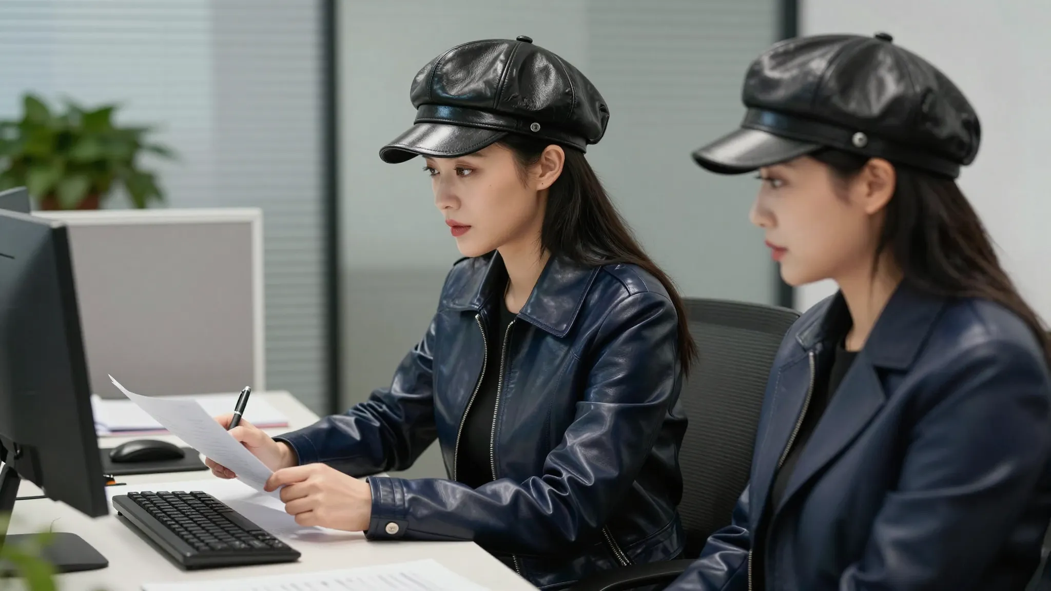 Side view from the left, two Chinese women sitting at an off...