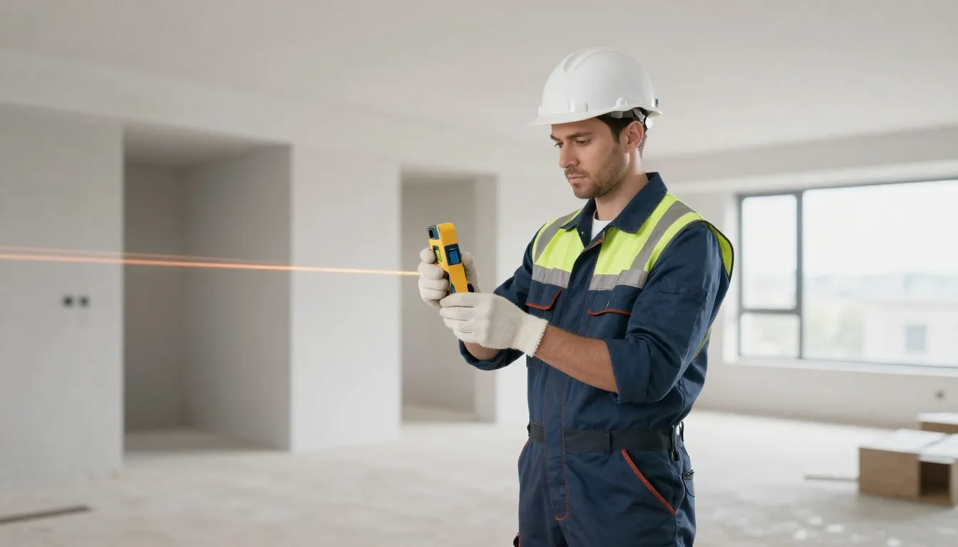 Construction worker in professional uniform using a laser le...