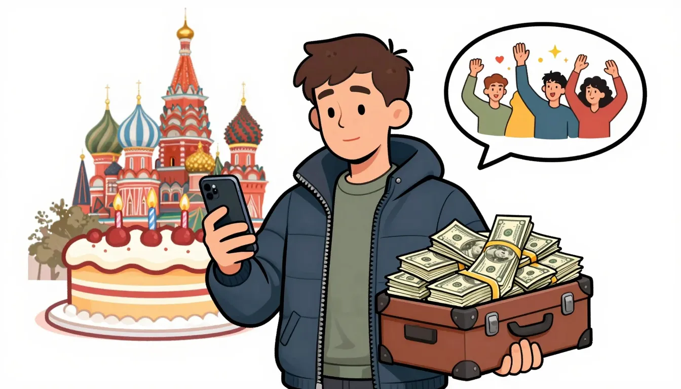 A humorous cartoon of a young man in Moscow, wearing a winte...