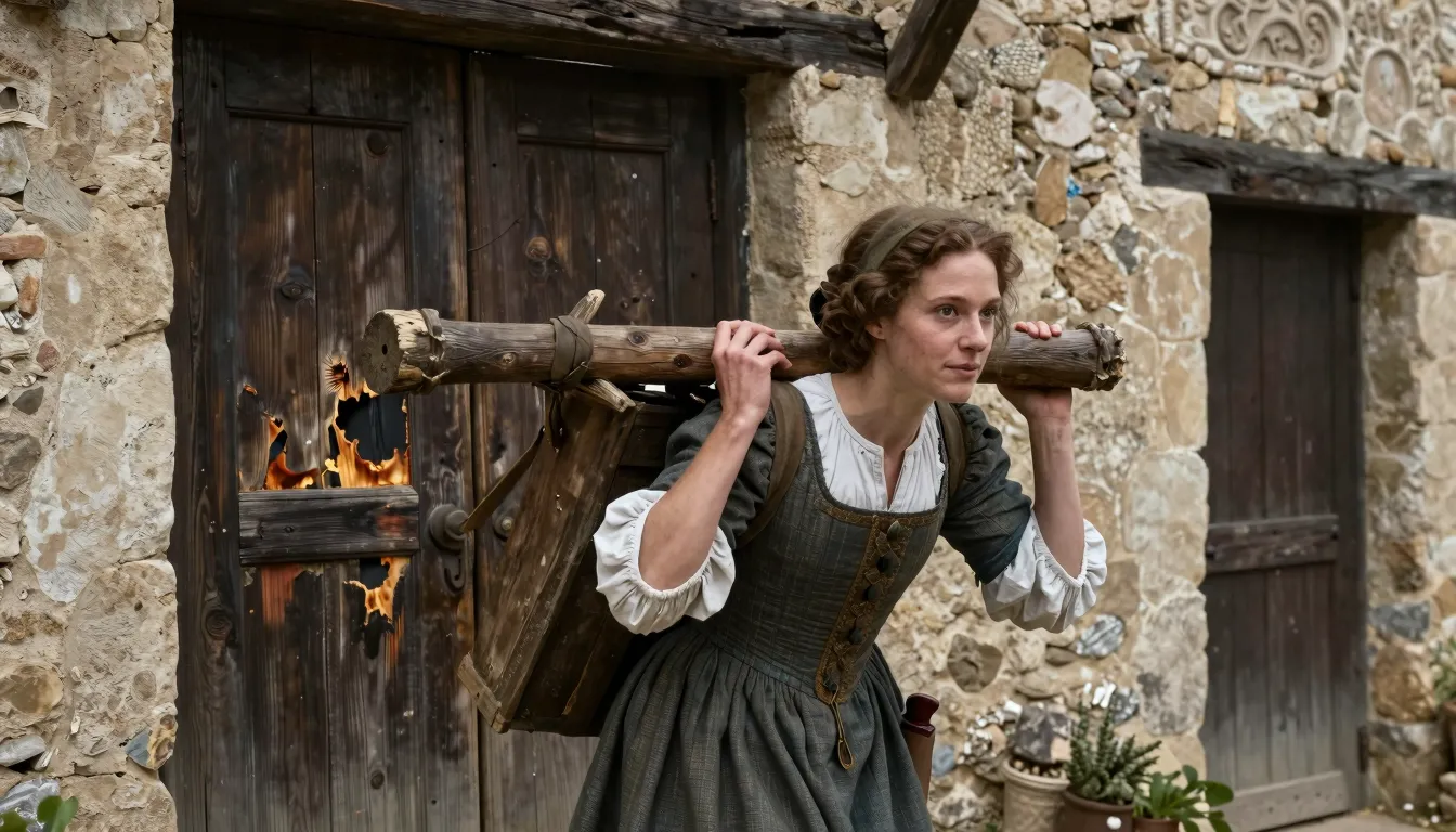 17th century French village, a strong woman carrying a large...