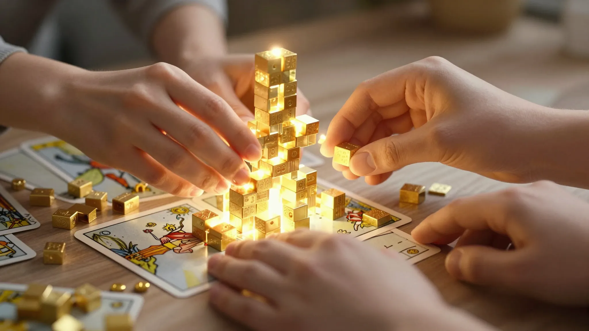 A symbolic tarot card showing two pairs of hands together bu...