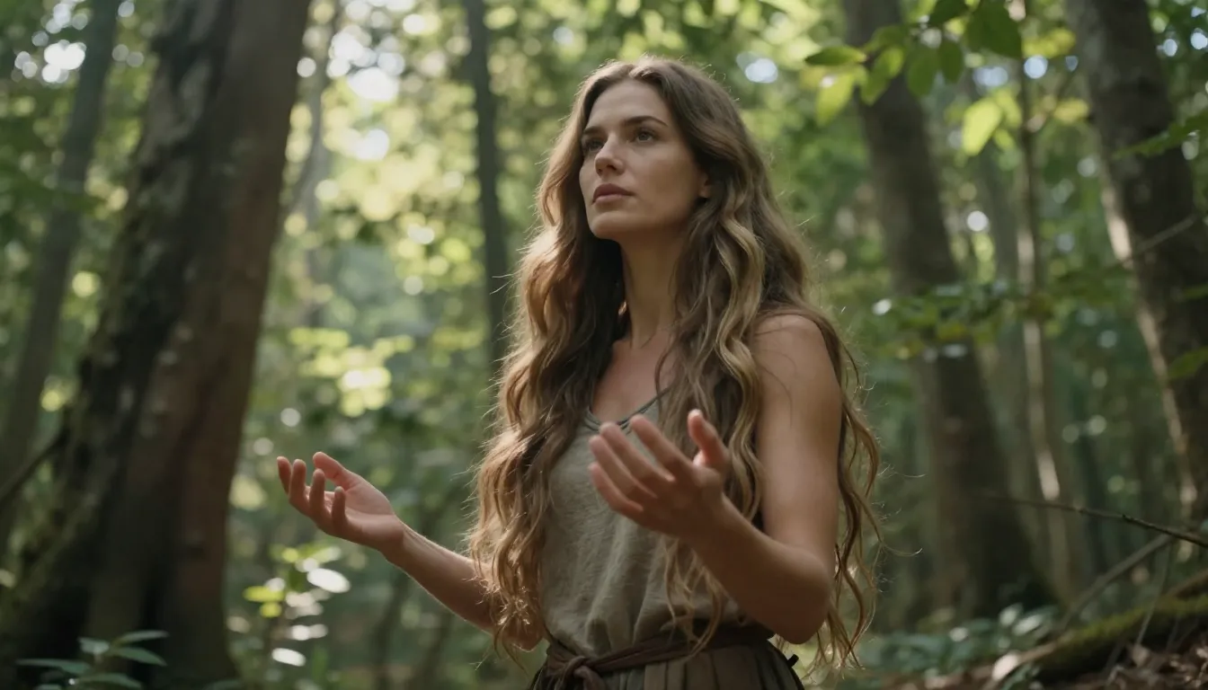 A powerful, serene woman with long, flowing hair standing in...
