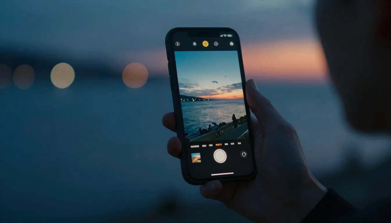 A cinematic shot of a person's hand holding a phone, the scr...
