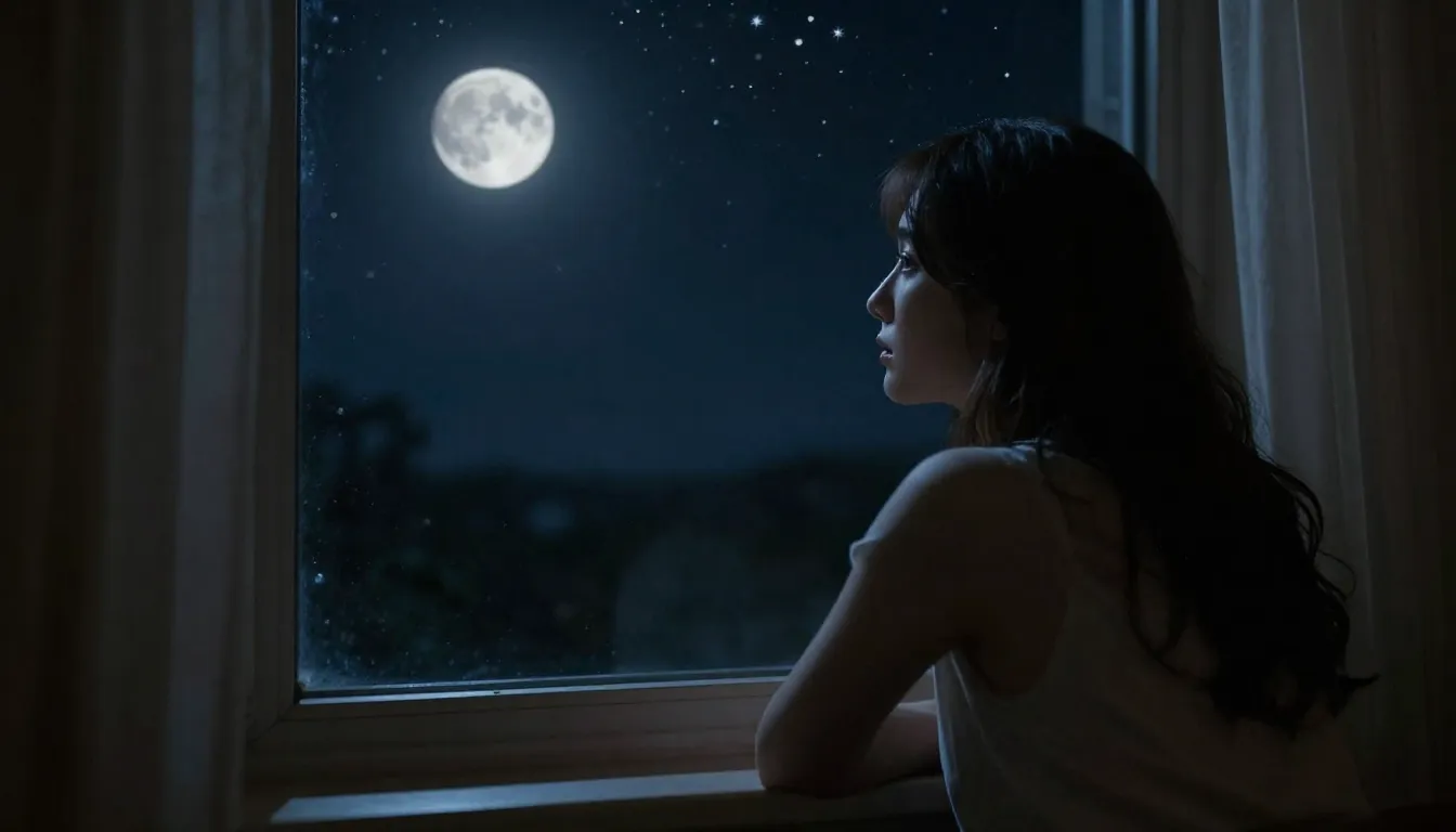A woman gazing out a window at a moonlit night sky filled wi...