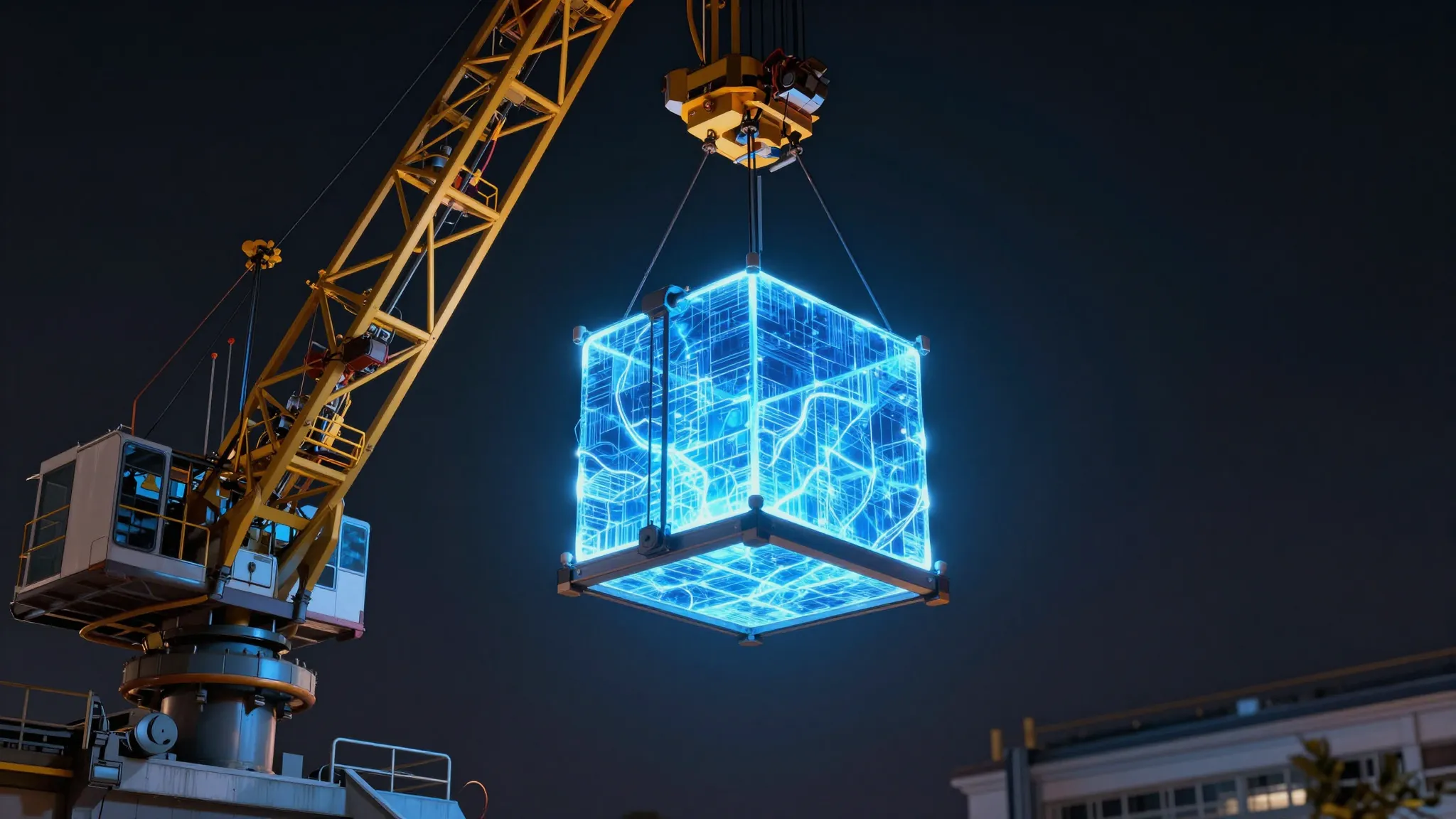 A futuristic industrial crane lifting a glowing blue cube re...