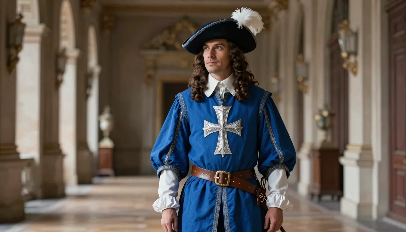 A magnificent royal musketeer in a bright blue tabard with a...