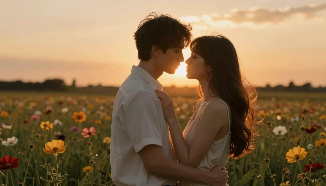 A beautiful couple in a field of flowers at sunset, golden h...