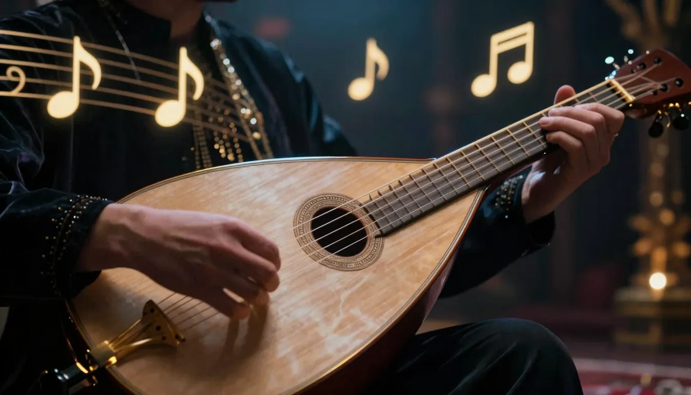 A cinematic close-up of a traditional Egyptian 'Oud' instrum...