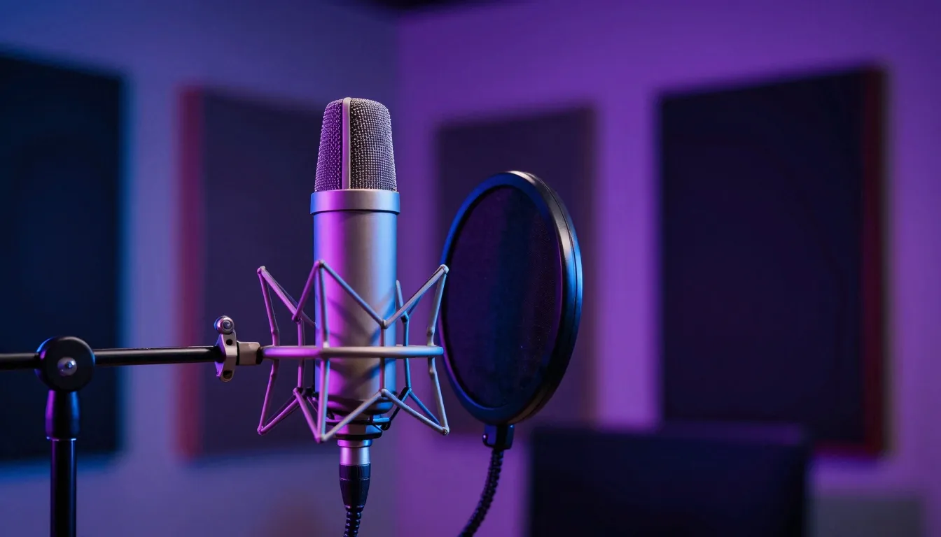 A professional music studio with a condenser microphone, neo...