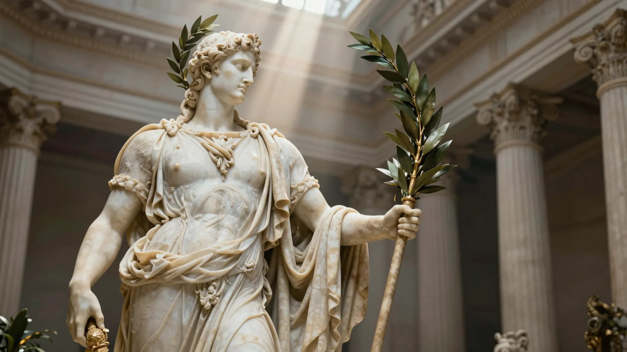 A majestic marble statue of a legendary figure in a grand te...
