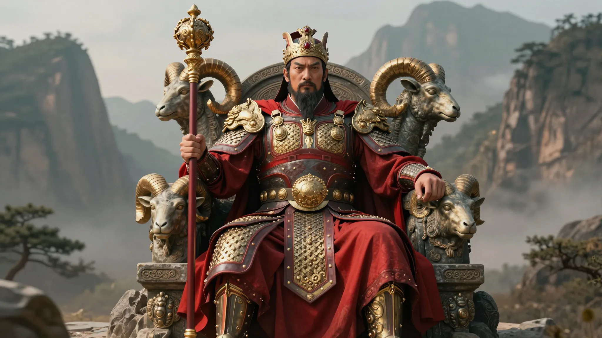 A powerful emperor sitting on a stone throne decorated with ...