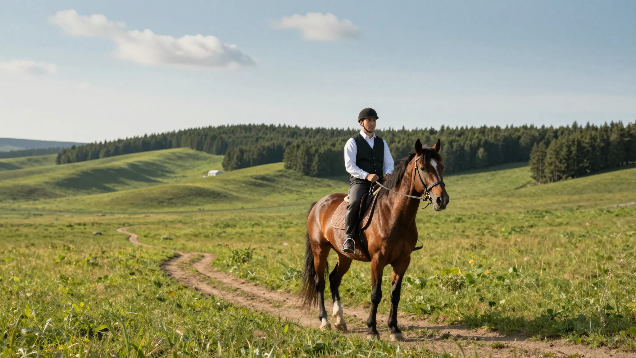 A majestic and serene image of a horse and rider on a trail ...