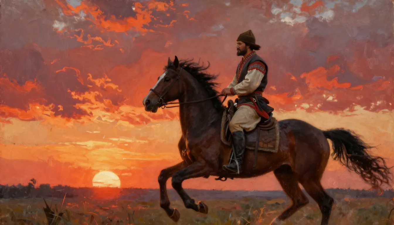 A brave Cossack on a galloping horse in the Russian steppe a...