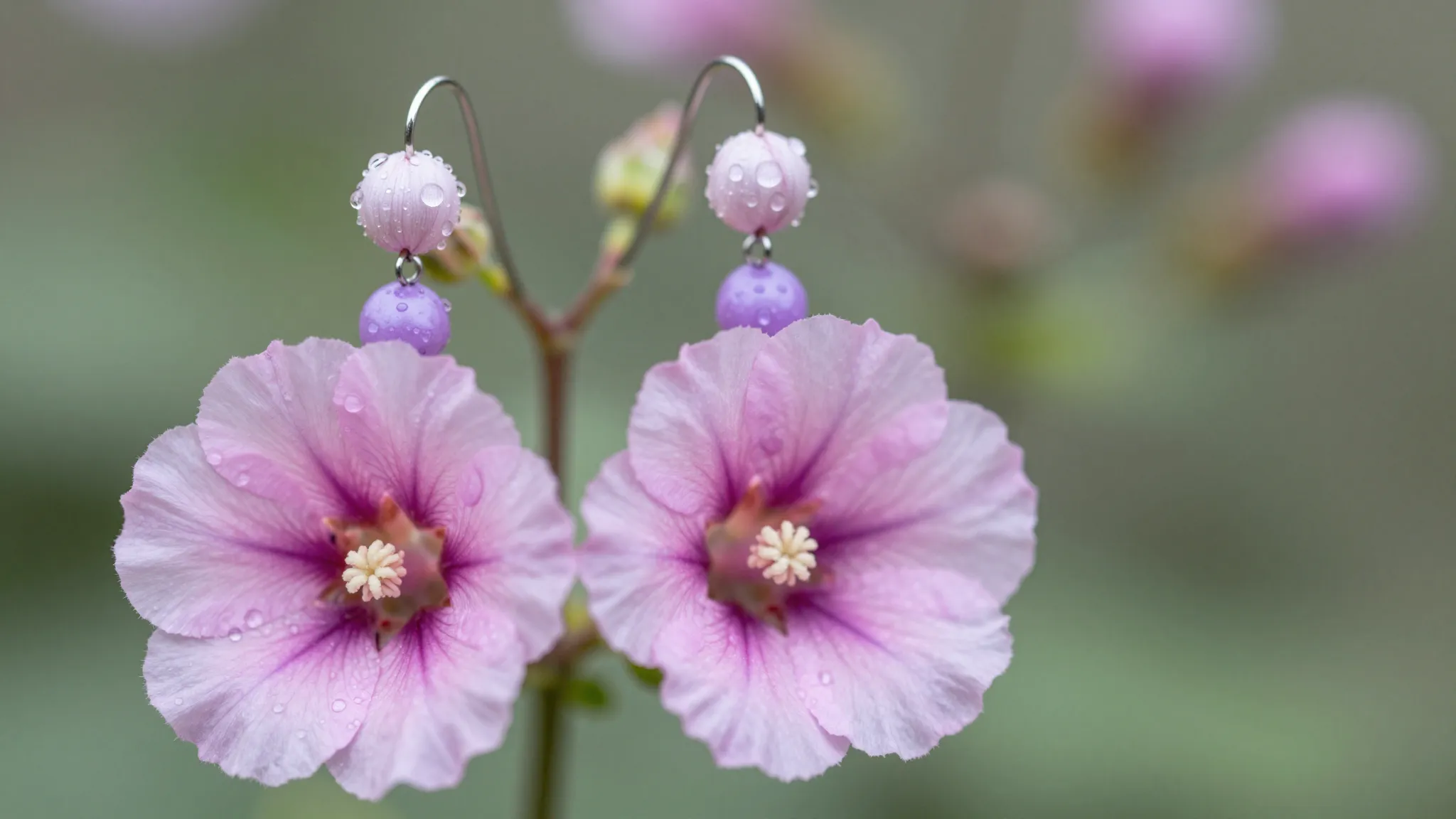 Exquisite mallow flower earrings made of silk and beads, mac...