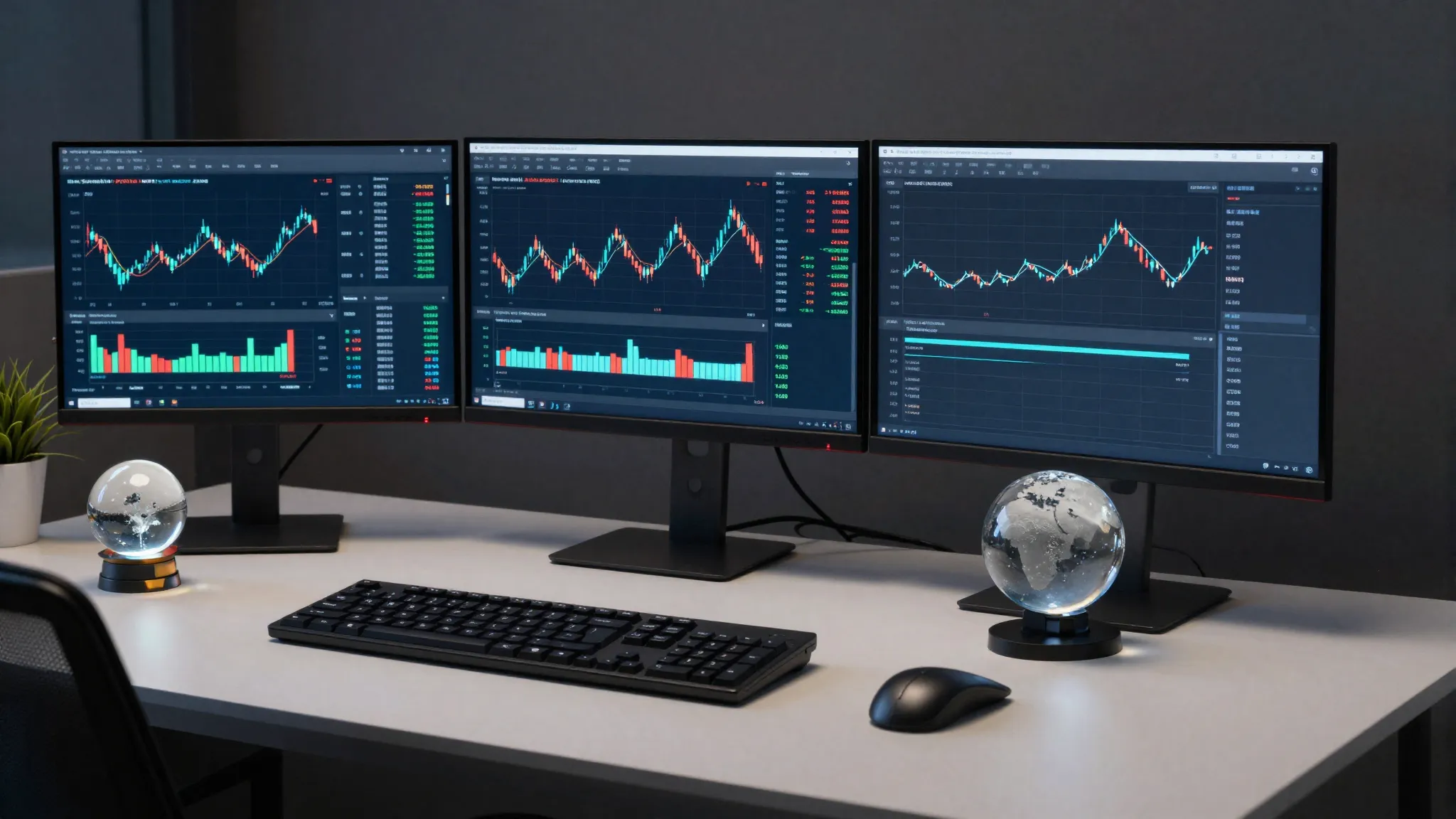 A modern office desk with multiple monitors showing financia...