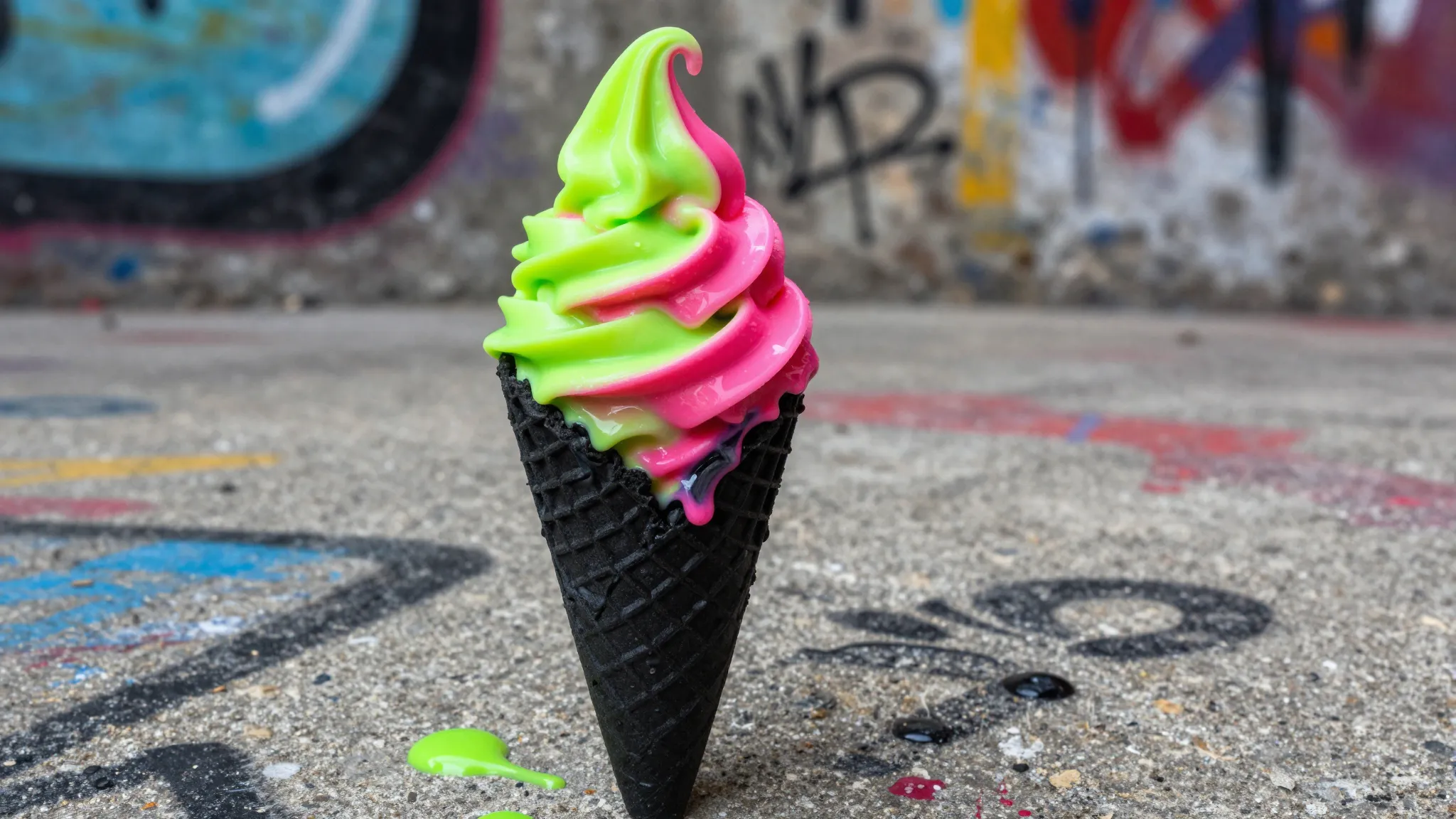 A close-up of a black ice cream cone with vibrant neon green...