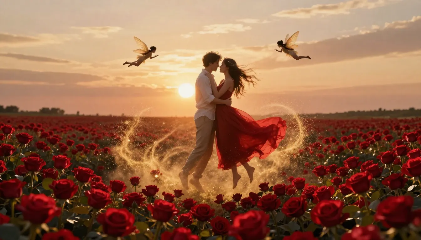 A magical scene of a couple embracing and floating above a t...