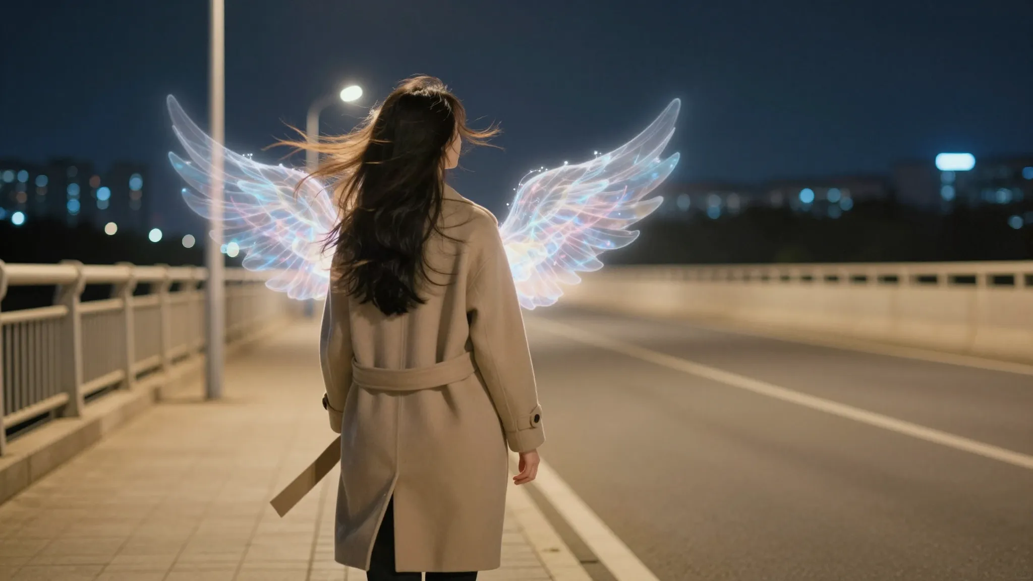 A wide shot of a woman standing on an empty bridge over a ro...