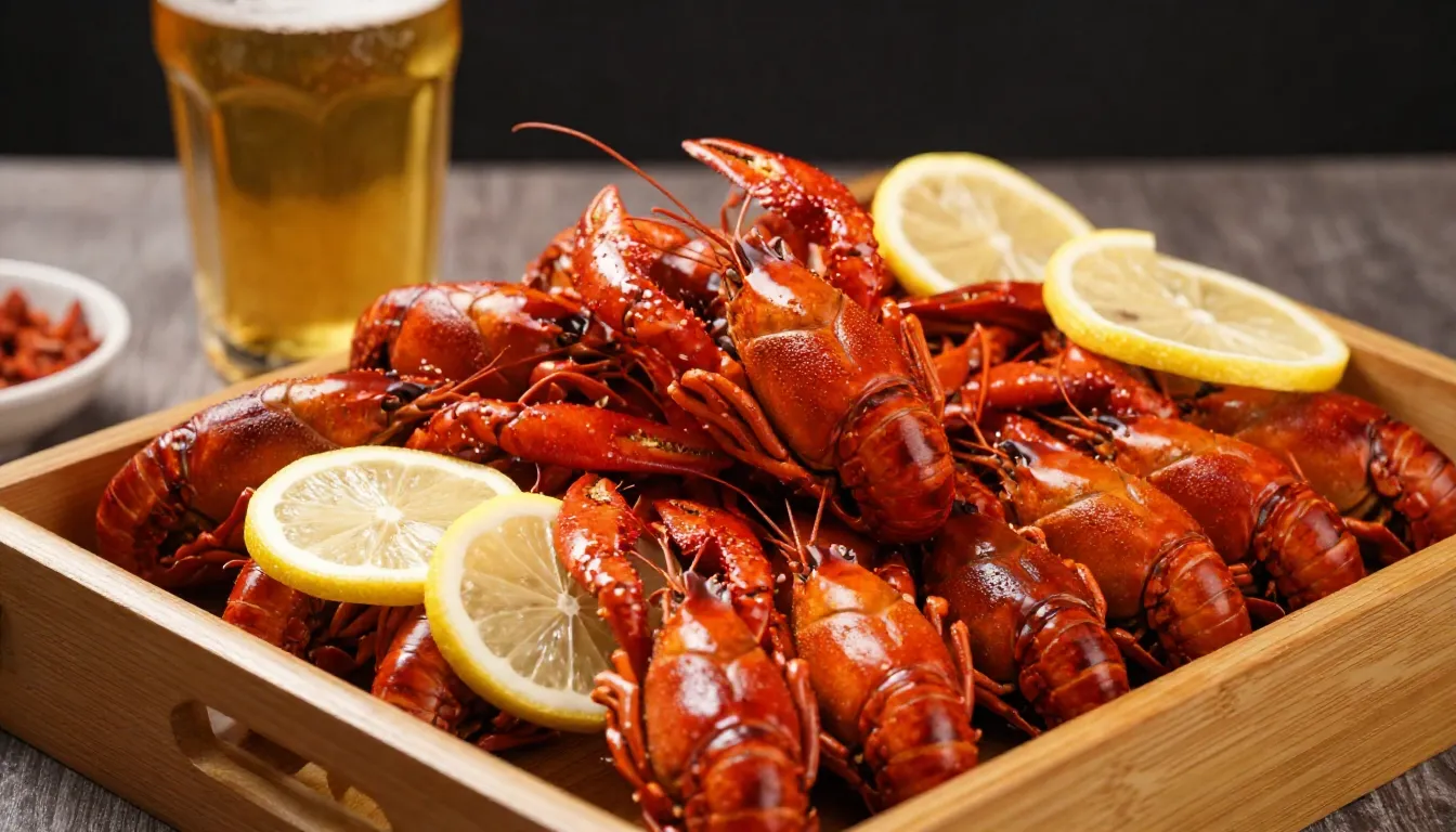 Close-up of a large wooden tray filled with boiled red crayf...