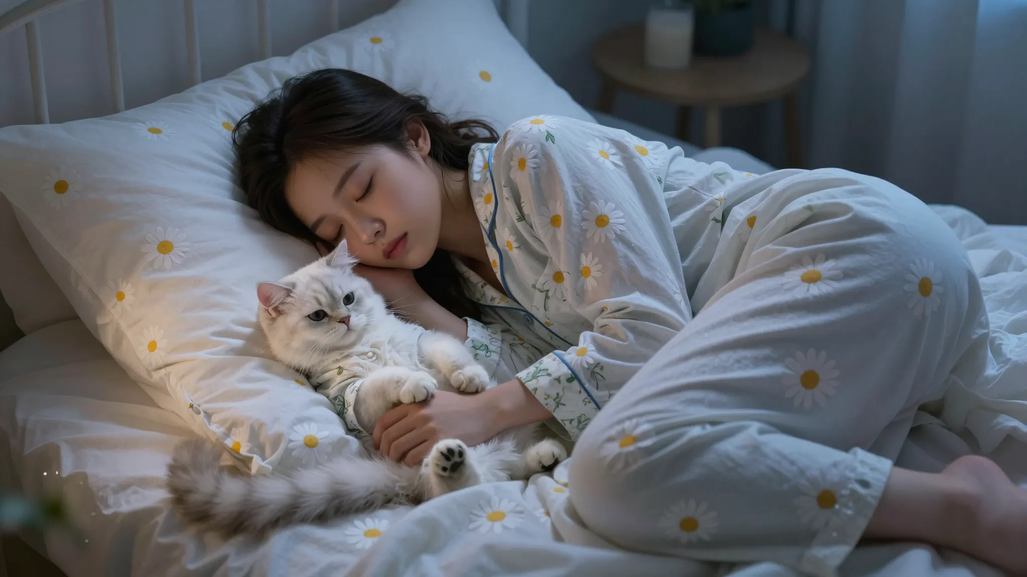 Cinematic photo of a girl in daisy print pajamas sleeping in...