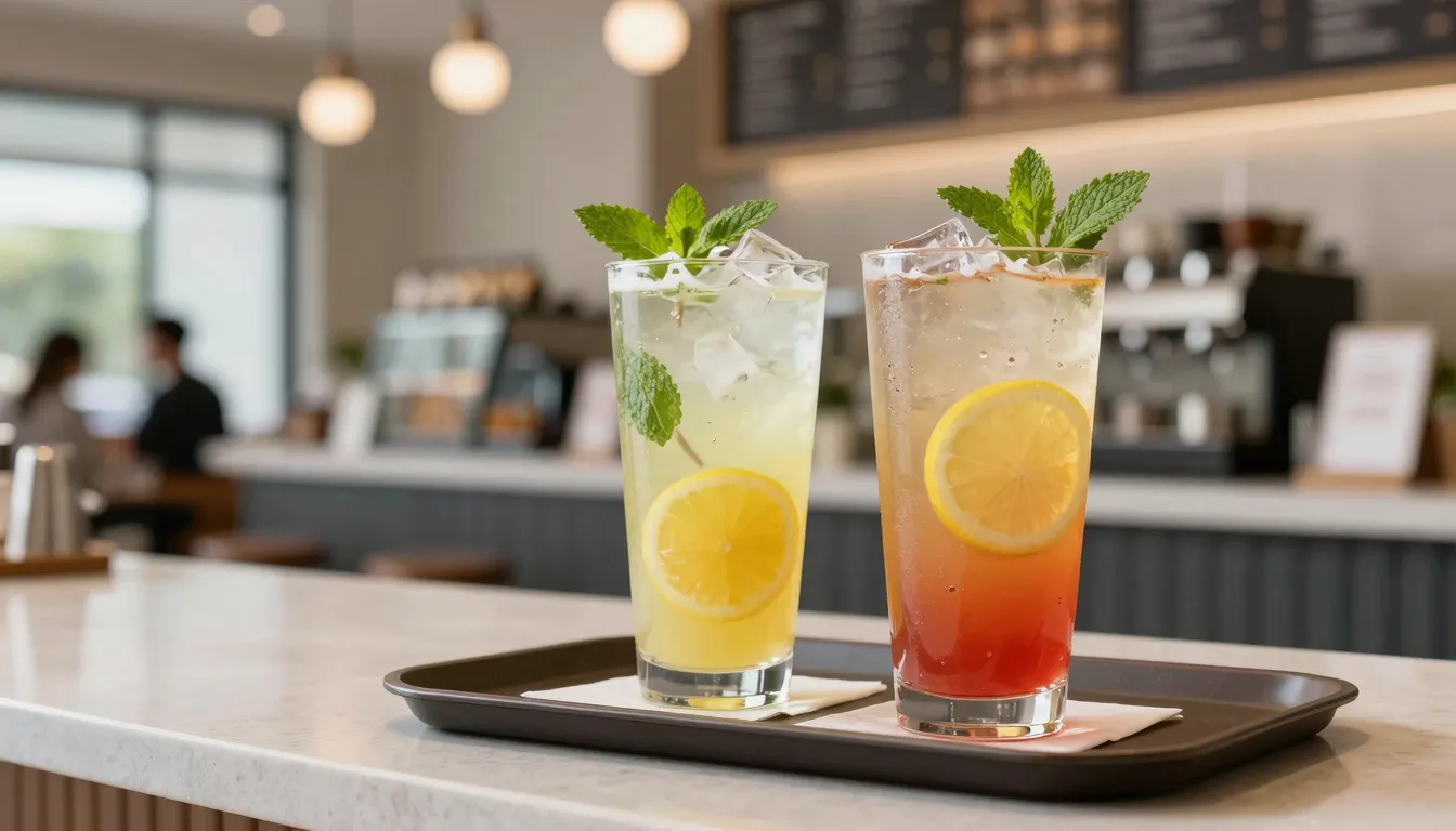 A tray with two different colorful fruit lemonades with ice ...
