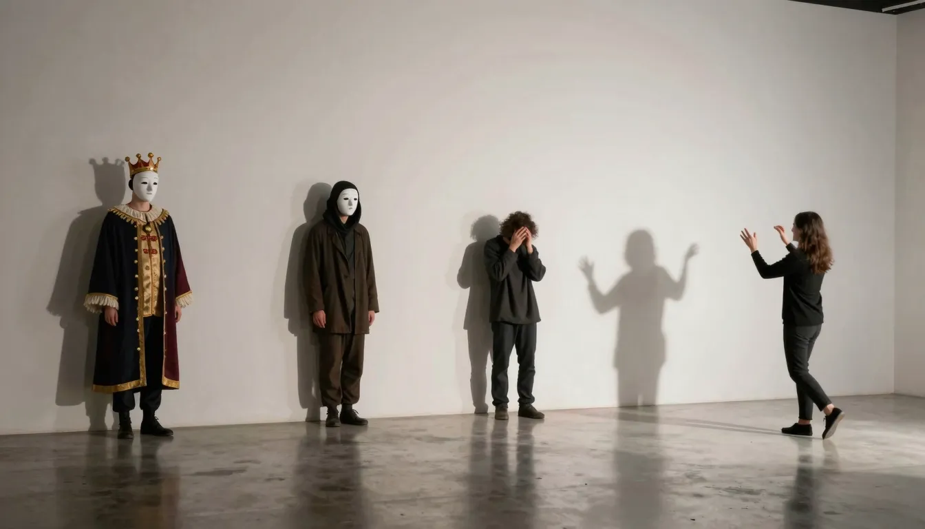 A lone figure in a minimalist setting with multiple long sha...