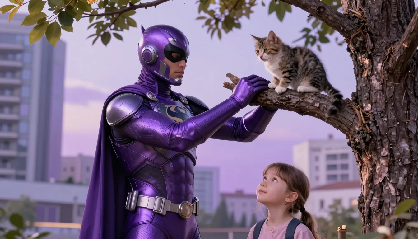 A superhero in sleek purple metallic armor rescuing a cute k...