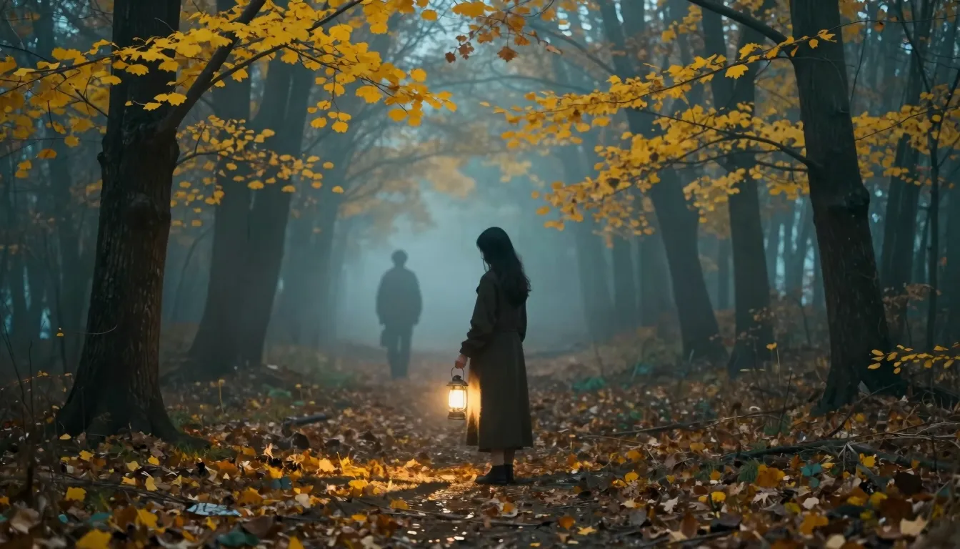 A girl standing alone in a dark autumn forest, holding a glo...
